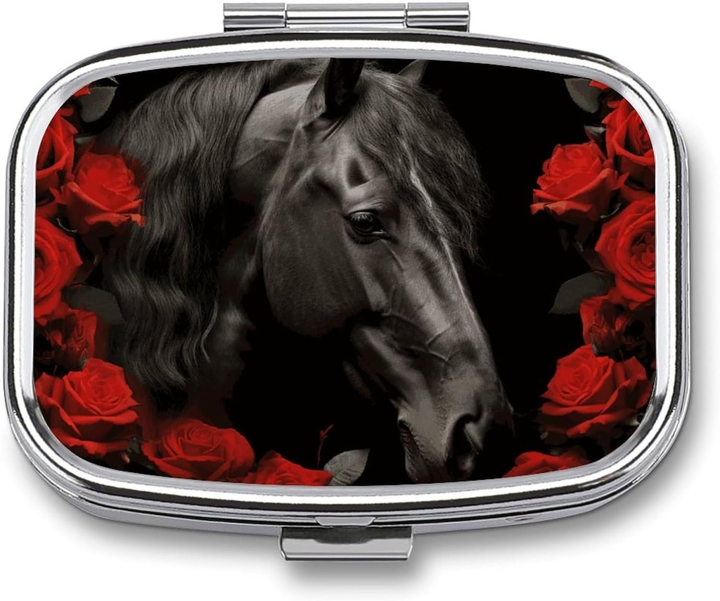 סוס שחור על רקע של Red Roses Pill Box 2 השוואתי גלולת גלולת גלולת גלולת גלולת גלולות יום יומית עבור Pocket Purse Daily Medicine Container כדי להחזיק ויטמין שמן דגים