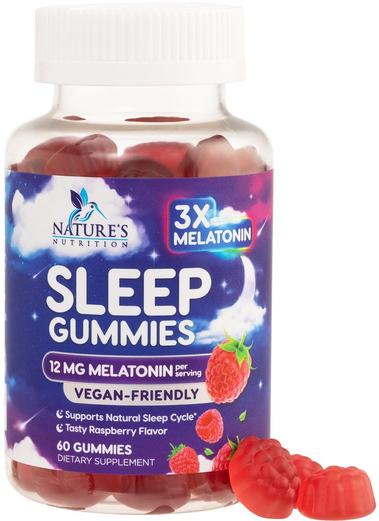 חניכיים שינה למבוגרים תוספת כוח - 12 מ"ג Melatonin Sleep Gummy תוסף, Melatonin Gummy עבור Occasional Sleep Support תוסף, טבעוני, non-GMO, Gluten Free, Gomitas paraamir, 60 מסטיקנים