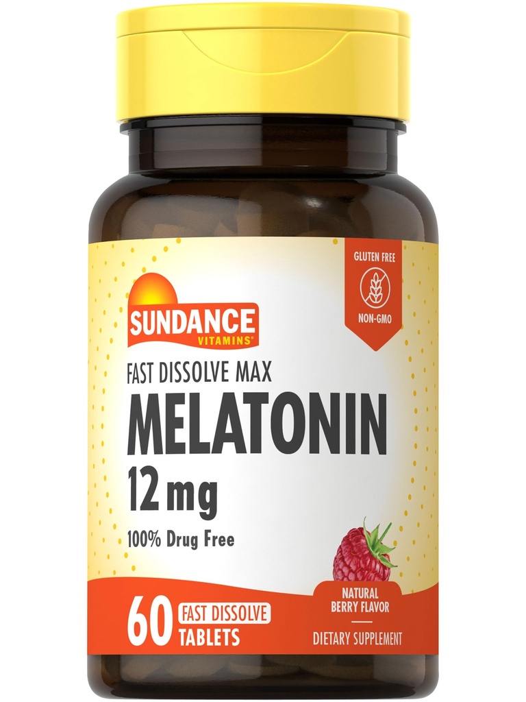 Sundance Melatonin 12 מ"ג | 60 טבליות דיסsolves | Natural ברי פלאמור | Vegetarian, non-GMO ו- Gluten Free Supplement