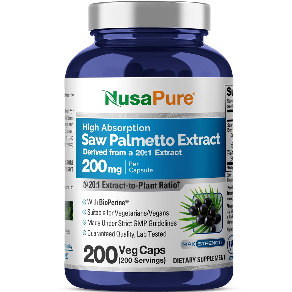 NusaPure Saw Palmetto 20:1 לחלץ, 200 מ"ג שווה ל 4000 מ"ג עבור Veggie Caps 200 Count non-GMO, טבעוני, Vegetarian, Bioperine