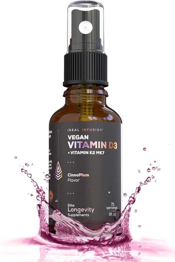 ויטמין D35,000 יואן אידיאלי עם K2 (MK-7) נוזל Spray: אורגני Plum עם Cinnamon - Bone Health, Immune Support,עצמות העצם (75 משרתים)