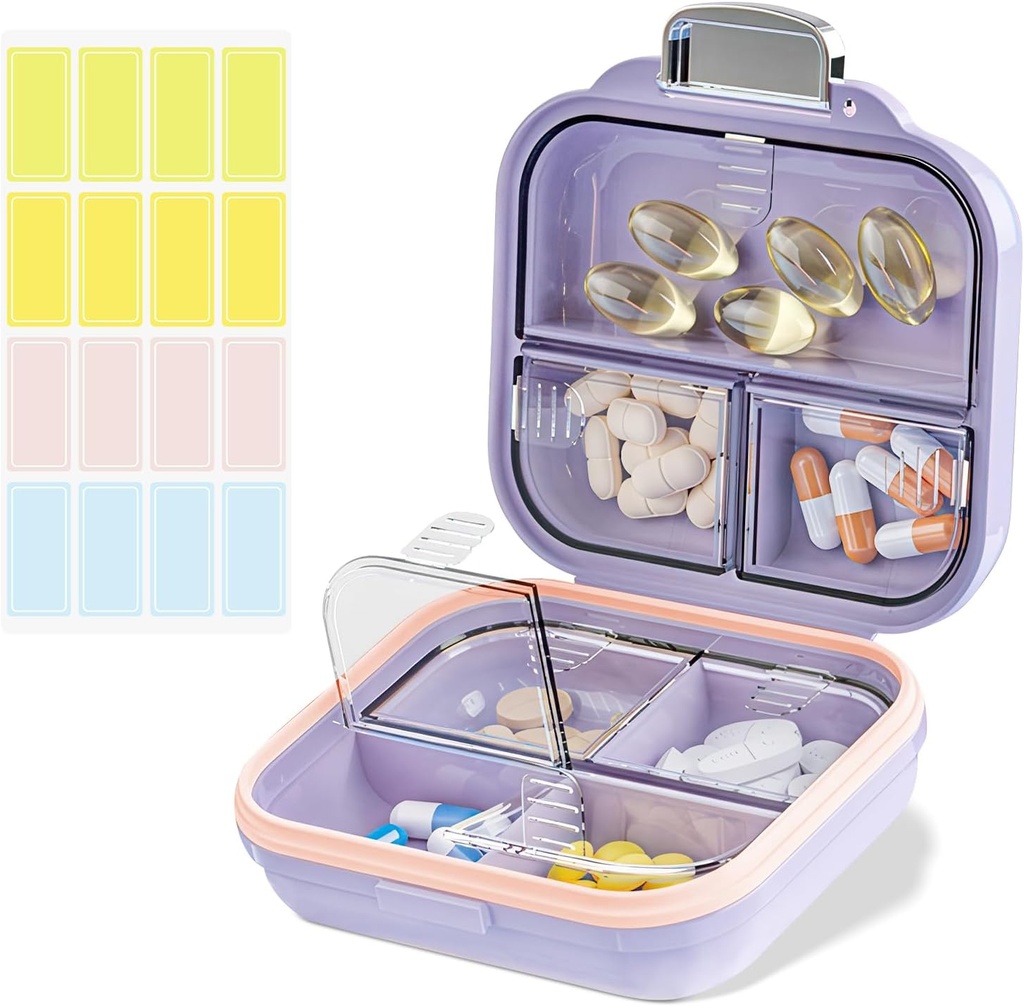 Travel Pill Organer Box with Labels, 7 השוואתיות ב- Portable Mini Pill Case, מארגנת תרופות יומית לאחסון גלולות מכיל עבור Pocket Pharmacy (Purple, S)