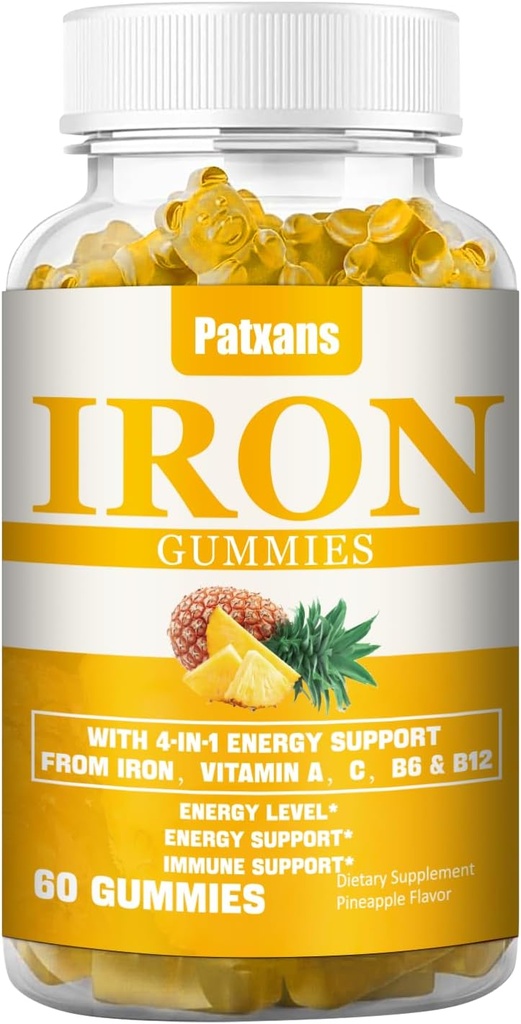 1 Pack 100MG ברזל תוספת חניכיים עבור נשים וגברים - עם ויטמין A, C, B - תמיכה באנרגיה למניעת ברזל, אנמיה, מבוגרים וילדים, Pineapple Flavor Gummy, 60ct.