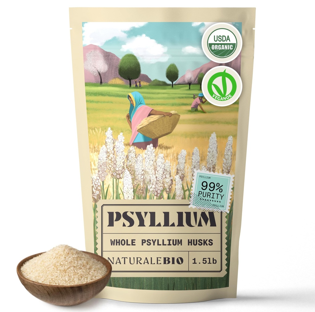 NaturaleBio Whole Psyllium Husk תוסף סיבים טבעיים USDA אורגני מוסמך. מיוצר בהודו. Gluten Free, Keto, Paleo, דיאטות טבעוניות. פרוביוטיקה