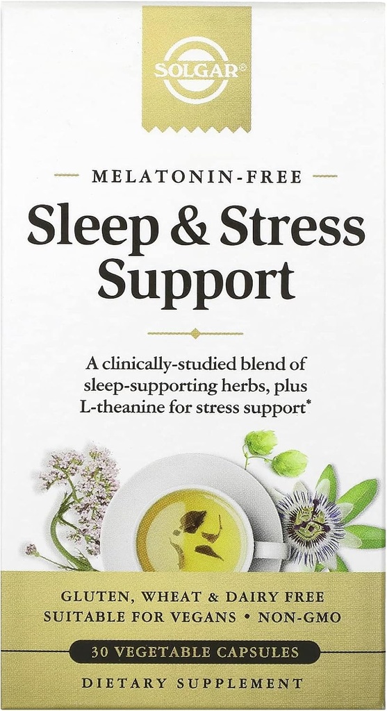 Solgar Sleep & Stress Support, קפסולות ירקות, Melatonin חינם, Helps להירגע, Calm You, Fall Asleep Quickly, לשפר את איכות השינה עם ולריאן, Passionflower, Hops, Non-GMO, 15 משרתים, 30 Count Count