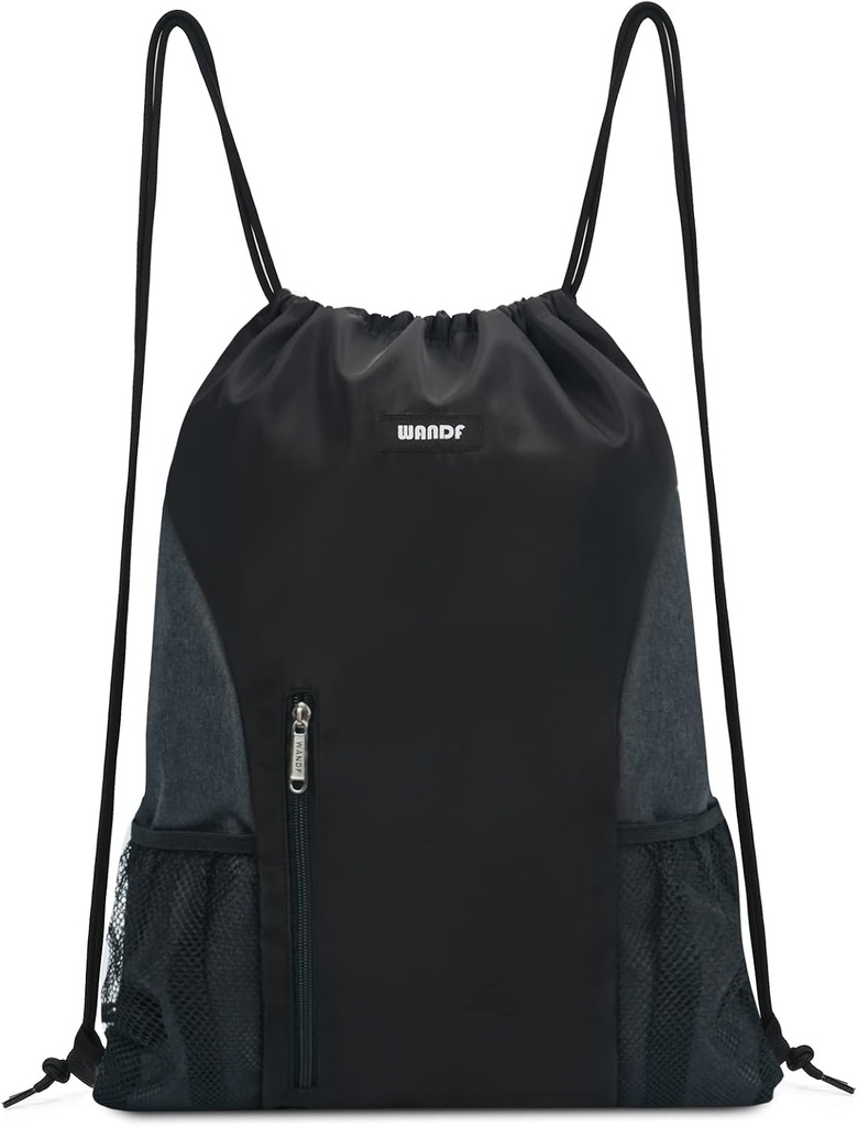 WANDF צייר את תרמיל ספורט Sackpack עם Mesh Pockets Water Resistant String Bag עבור נשים גברים (שחור)