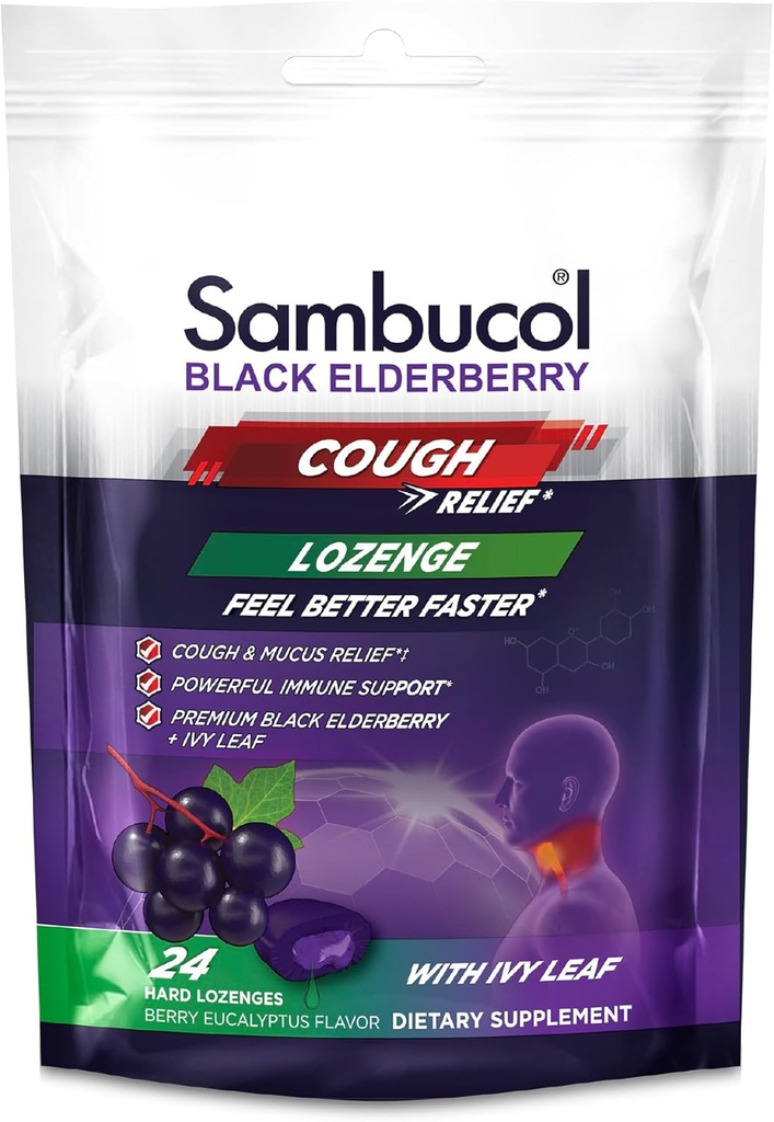 Sambucol Black Elderberry Cough הקלה Lozenges - Cough Drops for Adults, Sambucus Elderberry Lozenges, עם Ivy, Cough & Mucus הקלה, Immune Support, Bri Eucalyptus - 24 Count, 3 Pack