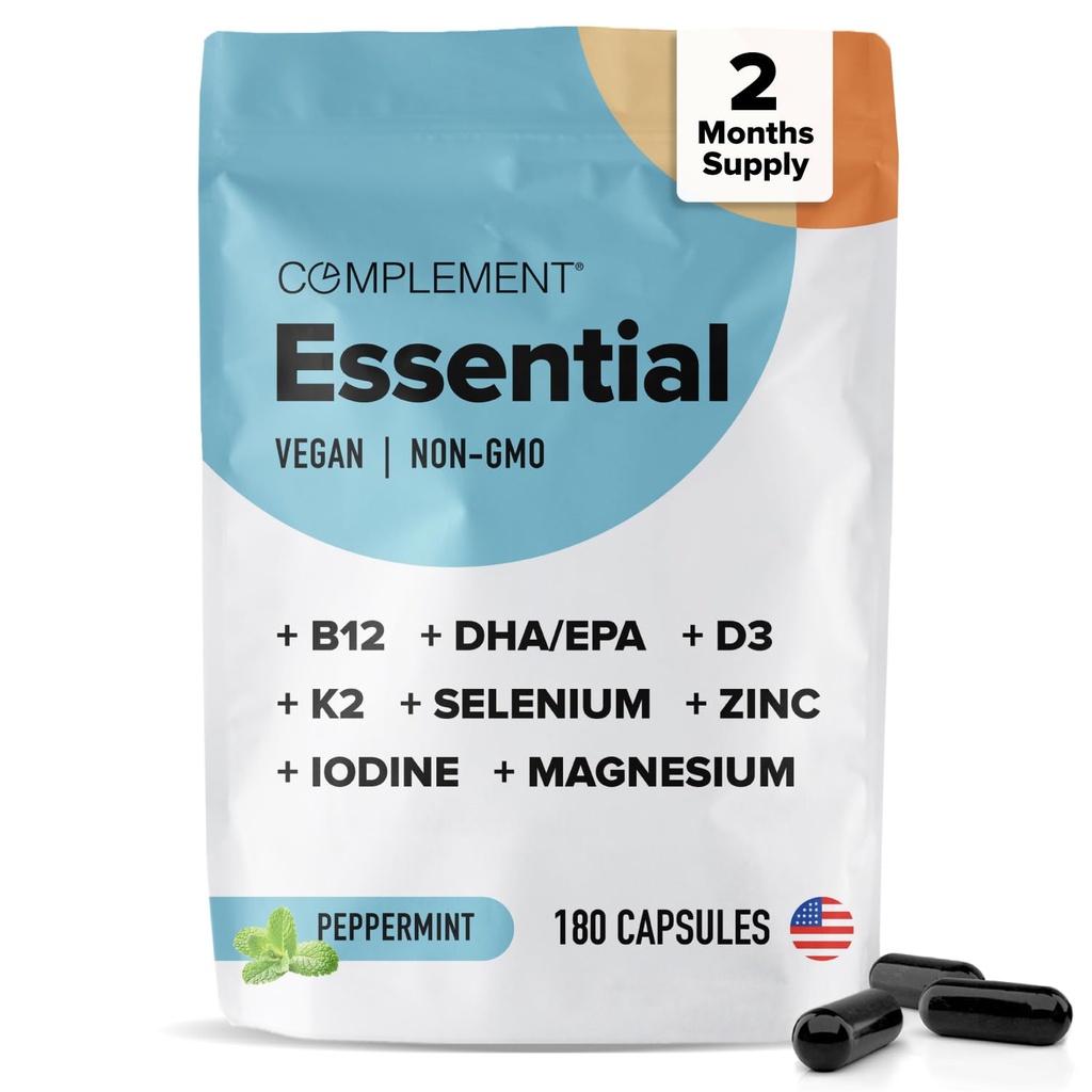 Complement Essential Vegan Multivitamin for Men & Women (60 משרתים, 180 קפסולות) עם אומגה 3 DHA & EPA, B12, ויטמין D3 & K2, Zinc, Selenium, Magnesium, Iodine - תומך ב- Immunity & Total Health