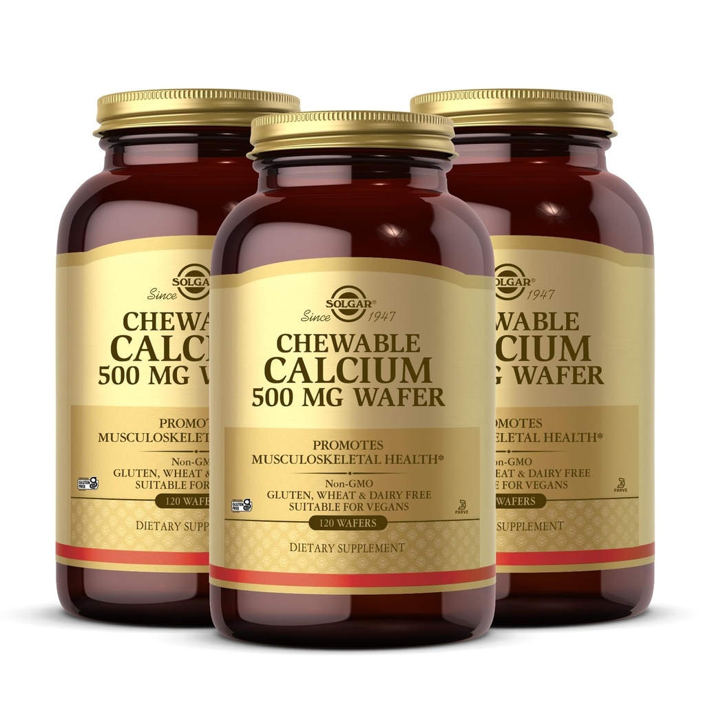 Solgar Chewable Calcium 500 מ"ג - 120 Wafers, Pack של 3 - לקדם את בריאות Musculoskeletal - Non-GMO, טבעוני, Gluten, חיטה וחלב חינם, כשר - 180 מוחלט המשרתים