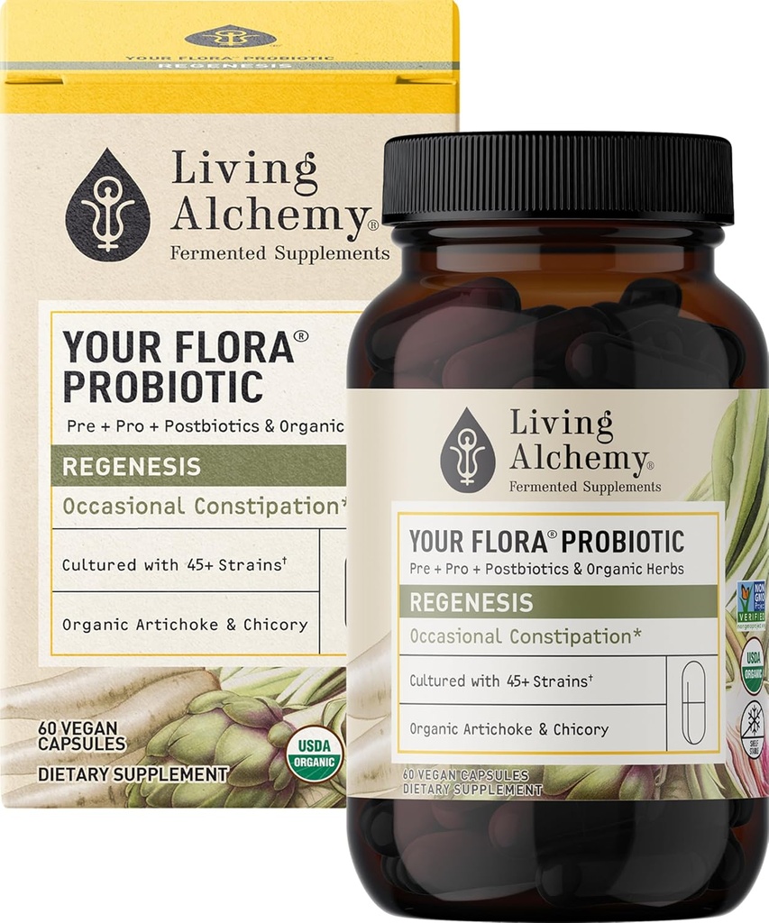 פלורה Probiotic Regenesis - Non-GMO Probiotics with Fermented Soybean, Artichoke, & Chicory for Guthealth & Bowel Support - Prebiotics, Postbiotics, Enzymes - Living Alchemy, 60 Pcs