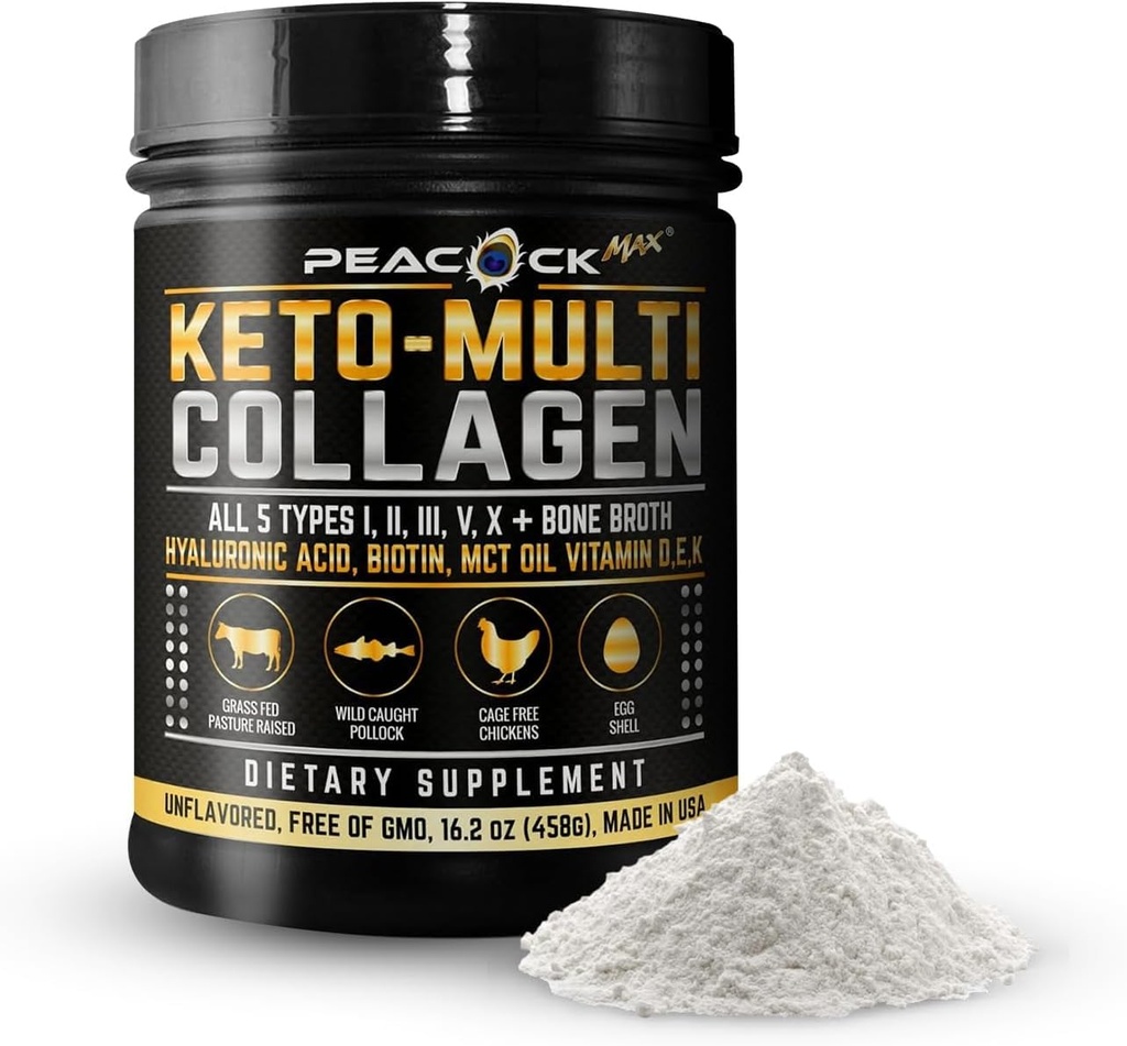 Keto Multi Collagen Peptides 16.2 oz - אבקת חלבון העצם ברות', עם 5 סוגים hydrolyzed Collagen, שמן MCT ו biotin עבור עור, מפרקים, שיער וציפורים, אבקת קולאז'ן Unflavored Collagen