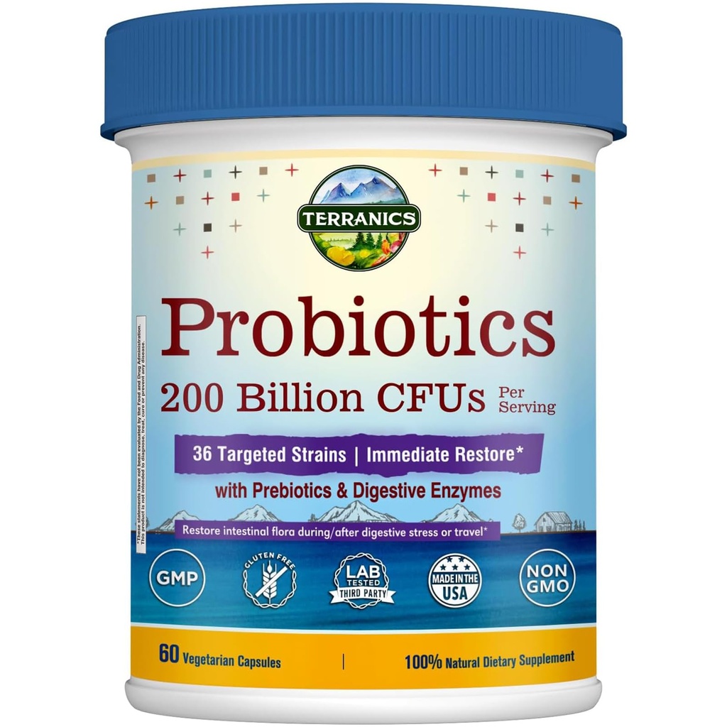 Terranics Daily Probiotics for Men & Women, 200 מיליארד 36 Strains Immediate לשחזר פרוביוטיקה, עם Prebiotics & Enzymes, בריאות סדירות, נדחה, Shelf Stable, 60 Veggie Caps