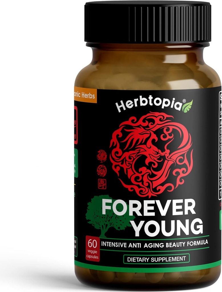 Forever Young Longevity Supplement for Immunity, Anti Gray Hair, Telomere Longving & Happy Mood w/Ginseng, Astragalus, Lions Mane, Reishi Mushroom, Codonopsis - אורגני - 60 Caps Capseng, Astragalus, Lions Mane, Reishi Mushroom, Codonopsis
