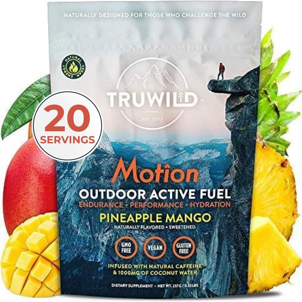 Tru Wild Motion All Natural Pre Workout אבקת לשתות לערבב עבור גברים ונשים עם No Jitters או Crash, Whole Food Plant Based טבעוני, אורגני עם אלקטרוליטים + BioPerine, 20 משרתים (Pineapple מנגו)