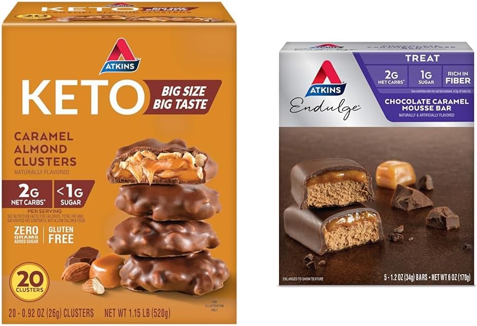 Atkins Karamel Almond Clusters, Gluten Free, High in סיבים, 1g סוכר, 2g Net Carb, Keto Friendly, 20 Count & Endulge שוקולד קארמל מוריס בר, מועדף, 1g סוכר, גבוה בסיבים, 5 הרוזן Net Carb, 5 ספירה Net Carb, 50 ספירה & Endulge שוקולד קארמל מוריס בר, קינוח, מועדף, 1g סוכר, גבוה בסיבים, 5
