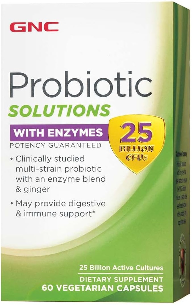 GNC Probiotic Solutions עם Enzymes, מספק תמיכה עיכול וחיסון, 25 מיליארד CFUs, 60 קפסולות צמחוניות, 60 משרתים