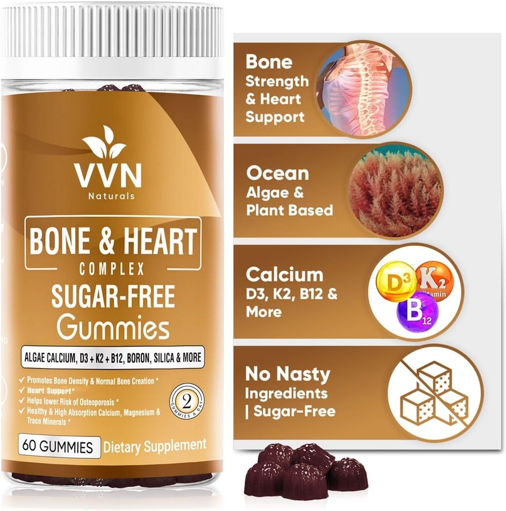 טבעוני Calcium Gummies K2 ויטמין תוסף עם MK-7 & ויטמין D3, Magnesium ו -13 Trace מינרלים, תמיכה בעצמות העצם | Plant Based | B12 - Bone & Heart Complex, 60 ct.