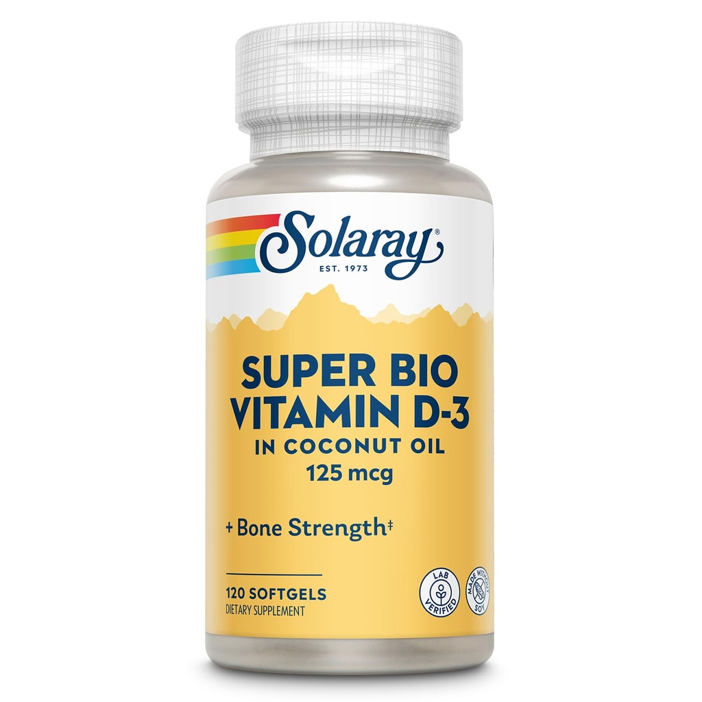 SOLAרי Super Bio ויטמין D3 ב שמן קוקוס - D3 ויטמין 5000 IU - בריאות העצם ו- Immune תמיכה תוסף - מעבדה מאומתת, Made Wtihout Soy, 60-Day Promise - 120 Softgels, 120 משרתות