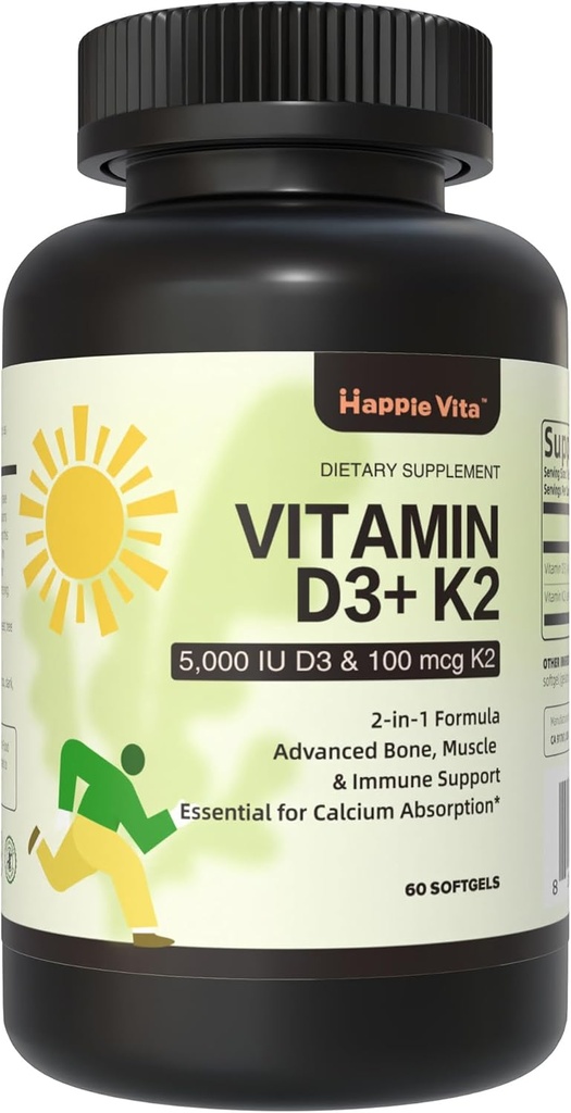 ויטמין D3 K2, ויטמין D3 5000 IU (125 mcg) + ויטמין K2 100 mcg, 2 ב 1 D3 ו- K2 תוספת עבור העצם, שיניים, שרירים ותמיכה בריאות החיסון, 60 Softgels