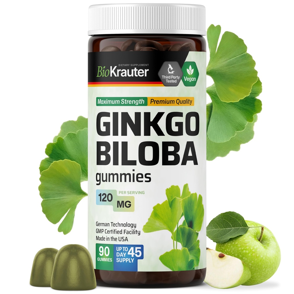 BIO KRAUTER גינקו Biloba Gummies - 90 צ'אדים טבעוניים - ג'ינקגו בילובה תוספי תמיכה במוח - 120 מ"ג סטנדרטית לחלץ - פורמולה מבוססת Pectin - פורמולה