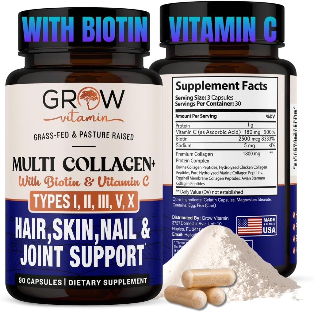 גדל ויטמין Multi Collagen כמוסות - סוגים I, II, III, V & X | hydrolyzed בלנדר עם biotin & ויטמין C לשיער, עור, ציפורניים 90 קפסולות