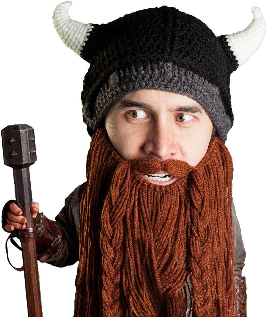 Head Viking Pillager - Original Handmade Knit Viking Horet ו-Removable Braided Brown / Black Bearded