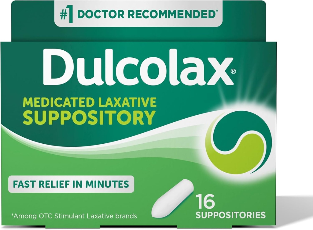 Dulcolax Stimulant Laxative Medicated Suppositories, צפוי ויעיל Constipation הקלה, Bisacodyl 10 מ"ג, 16 Count