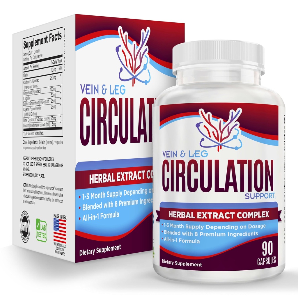 Vein & Leg Circulation תוסף בריאות (All-in-1) עם 8 רכיבים פעילים | Blood Circulation Booster Formula | Leg & Vein Supplements | 1-Month Supplys