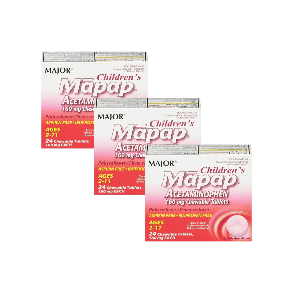 MAJOR Children's Mapap Acetaminophen 160 מ"ג טבליות Chewable - Pain Reliever / Fever מופחת - Aspirin חינם - Ibuprofen חינם - עבור ימי 2 עד 11-24 הרוזן (3 Pack)