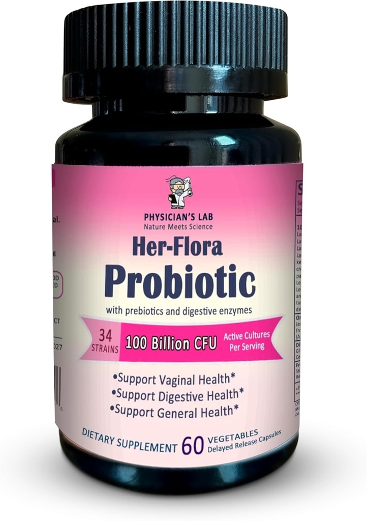המעבדה של Physician Her-Flora Women's Probiotic 100 מיליארד CFU לקפסולה, non-GMO, 34 סטרינס, עם אנזימים Prebiotics & Digestive, Gut & Vaginal Health, H.Pylori Support, 60 Veg Caps,2-Months אספקת!