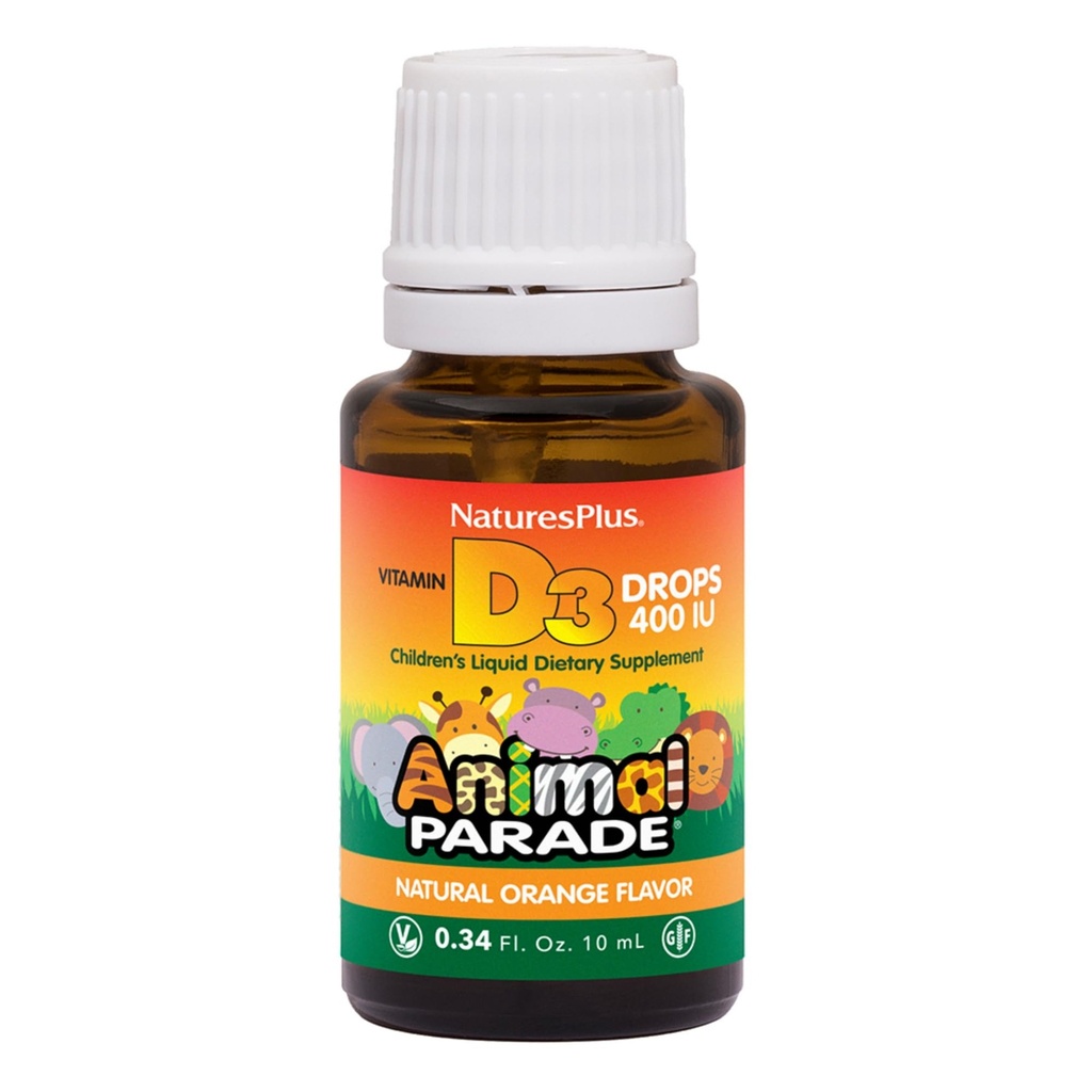 NaturesPlus Animal Parade נוזלי ויטמין D3 טיפות לילדים - 400 IU, 10 מ"ל - Orange Flavor - Bone Health & Immune System Support - Gluten Free, Vegetarian - 365 משרתים