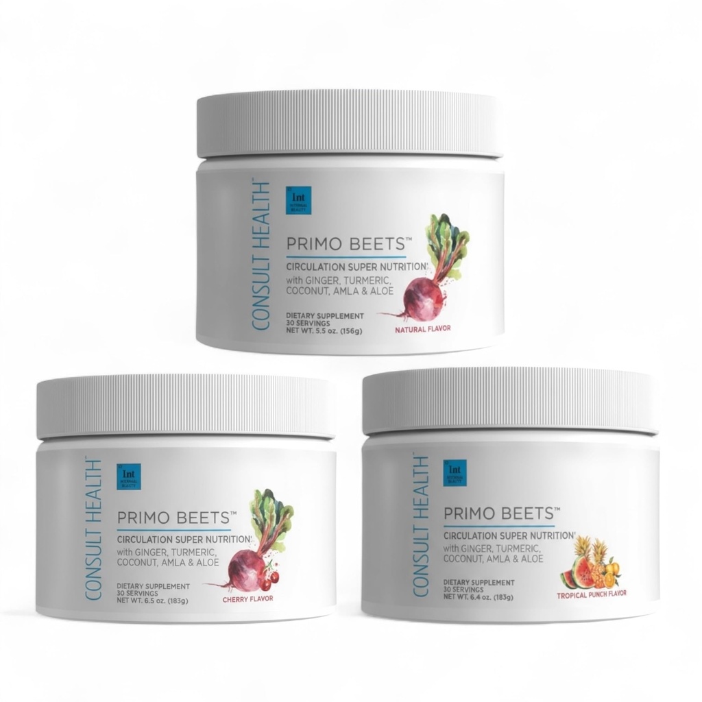 יועץ בריאות פרימו Beets Beet Root אבקת לשתות לערבב עם Nitrates, Daily Circulation תמיכה עם ג'ינג'ר ו Turmeric, 3 Pack of Flavors, Cherry, Blueberry ו- Strawberry Lemonade 6.5 oz כל אחד oz