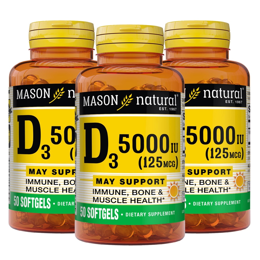 MASON NATURAL ויטמין D3 125 mcg (5000 IU) - תומך בריאות כוללת, מחזק עצמות שרירים, שמן דגים Liver, 50 Softgels (Pack של 3)