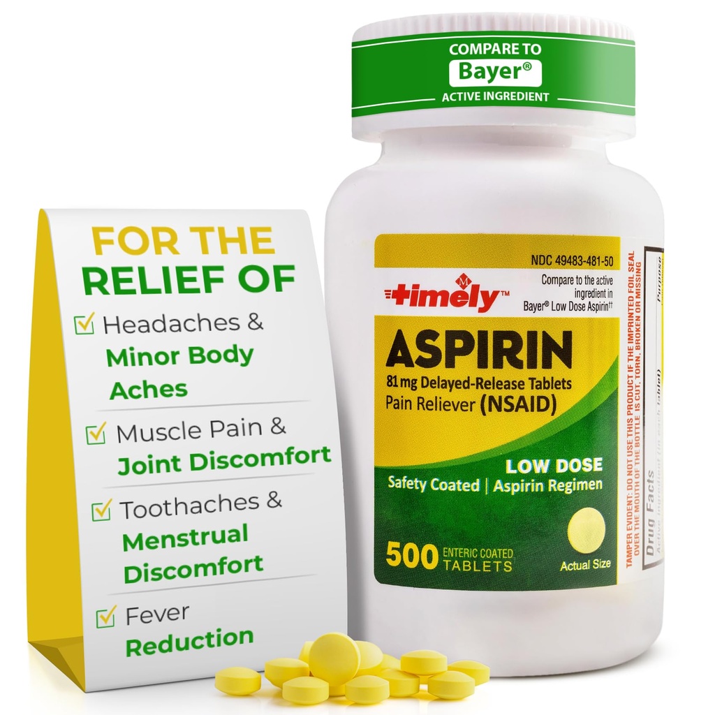 Timely Low Dose Aspirin 81mg for Adults - Pain Reliever for Minor Aches & Fever מקטין - בהשוואה ל- Active Ingredient in Bayer - Low Strength Enteric Coated Aspirin - 500 טבליות