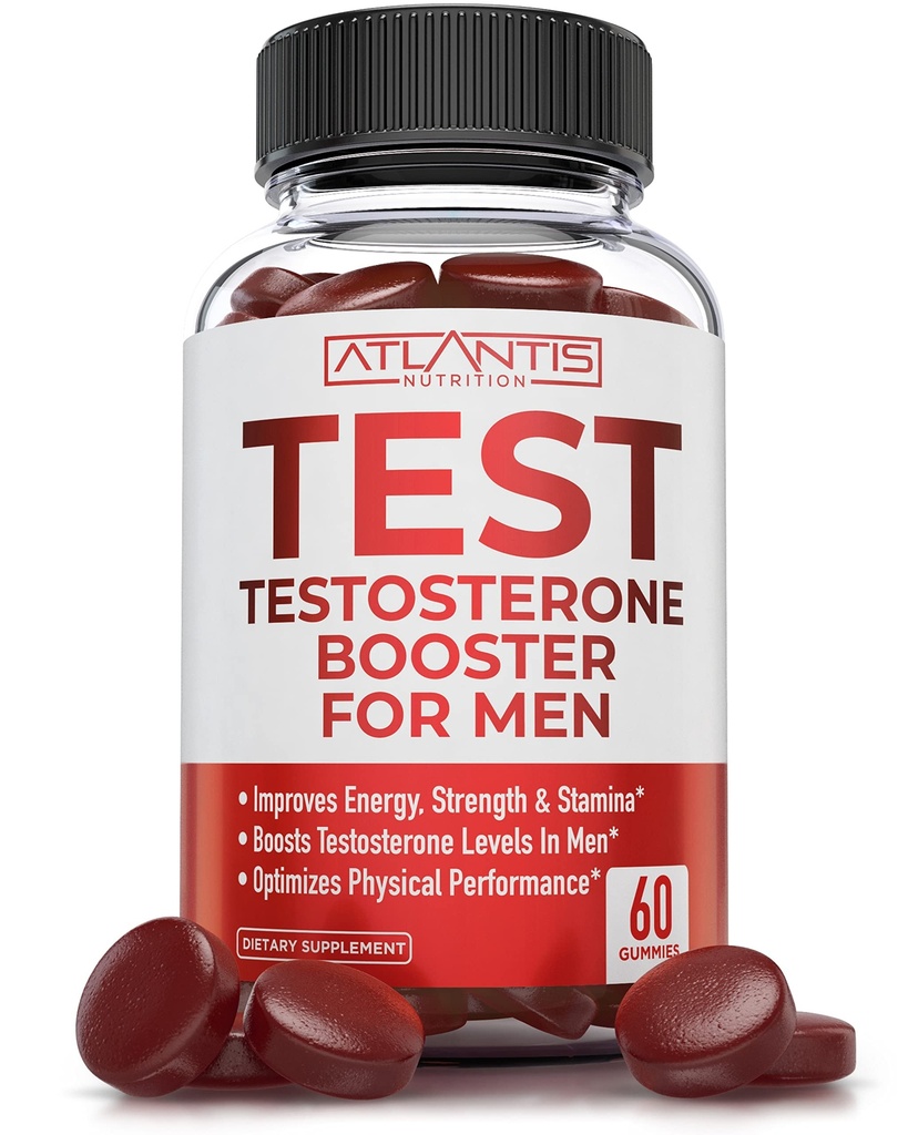Atlantis Nutrition טסטוסטרון Booster for Men Gummies - שיפור זכר, Boosts אנרגיה, & Optimizes ביצועים פיזיים פורמולה w / Tribulus, Hory Goat Weed, Saw Palmetto, Maca Root - 60mies