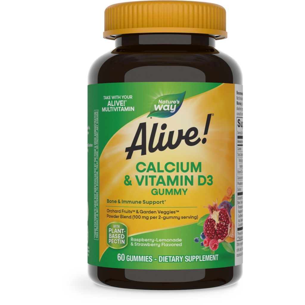 דרכו של הטבע חי! חניכיים Chewable Calcium עם ויטמין D3, תוספת יומית תומכת עצמות בריאות ושיניים, ותפקוד שרירים*, סטרוברי ו- Raspberry-Lemonade Flavored, 60 מסטיקים