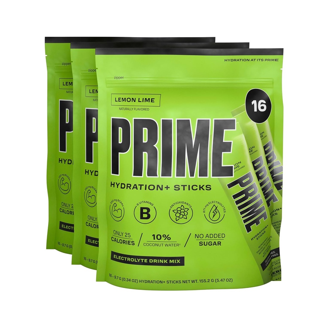 PRIME HYDRATION+ Sticks Lemon Lime | אבקת הידרה Single Serve Sticks | אבקת אלקטרוליטה על Go | Low Sugar | Caffeine-Free | 48 Sticks