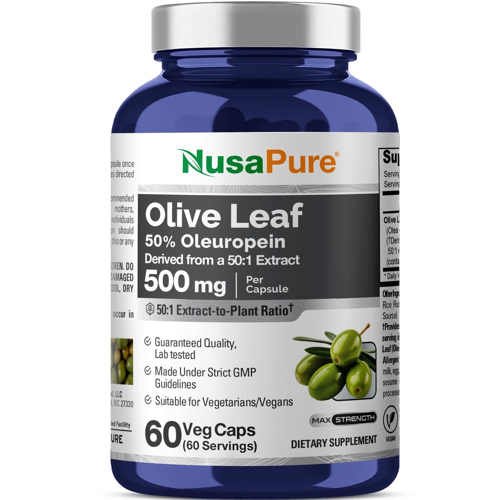 NusaPure Olive Leaf 50:1 Extract, 500 מ"ג שווה ל-25,000 מ"ג - 50% Ol Europein Vegan / Vegetarian - Super Power No Oil 60 קפסולות
