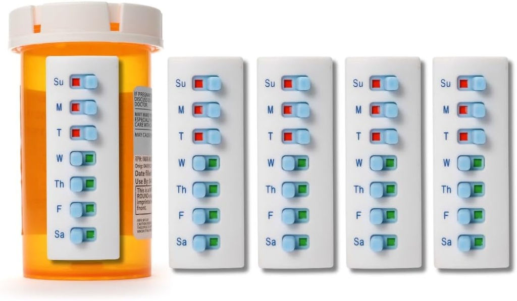 Take-n-Slide Peel and Stick Reusable for 12 + Refills, Pill/Medication/Vitamin/Pet Med Tracker &תזכורתer, המצורף לבקבוק שלך, מאורגן ללא תשלום, Curved-Back (לבן, 5Pack)