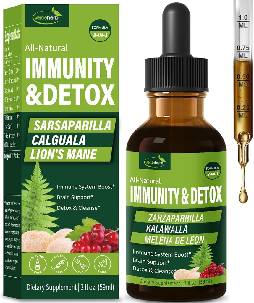 Sarsaparilla & Kalaקירה שורש (Polypodium Leucotomos) Immunity & Detox Drops, Natural Herbal Immune Support Formula w/Lion's Mane. Gotas de Zarzaparrilla, Cardo Mariano y Melena 2oz