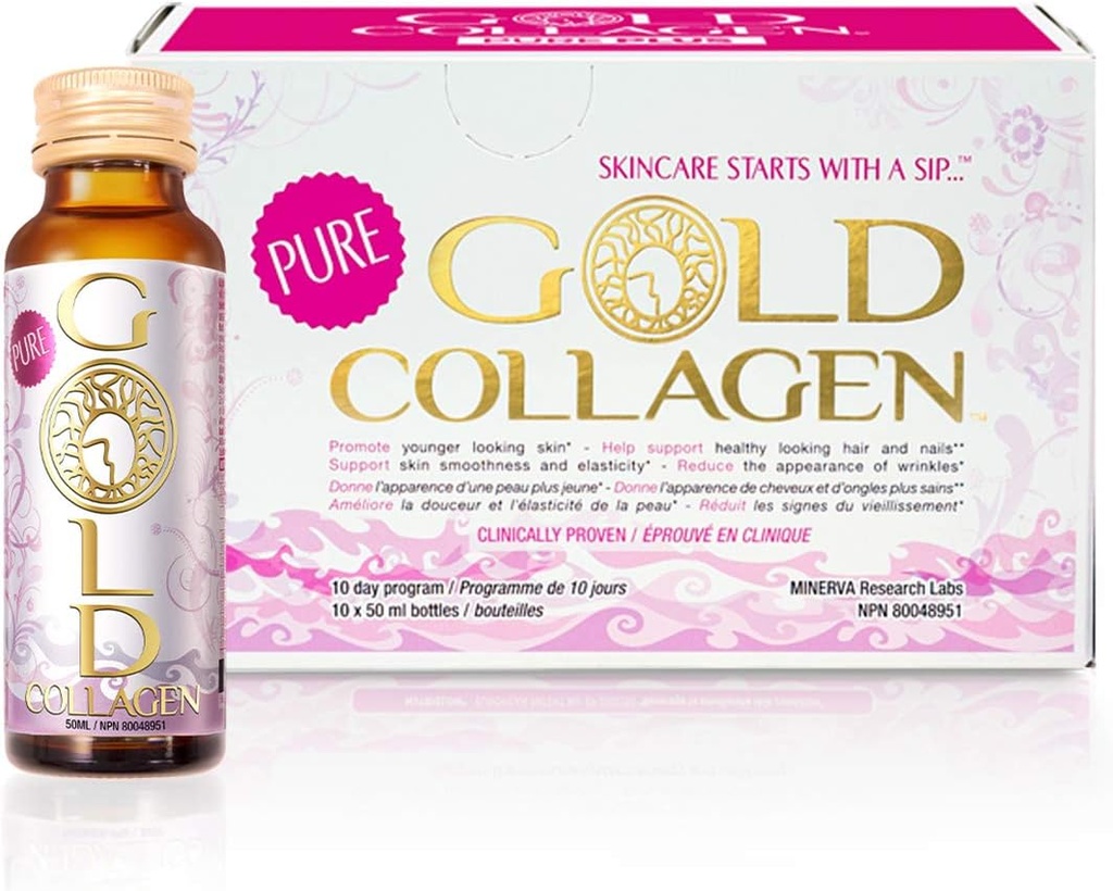GOLD COLLAgen Pure - תוסף משותף לנשים וגברים עם Biotin לצמיחה שיער, עור וניק - Anti Wrinkle Immune System Booster עם Hyaluronic Acid, ויטמין C, B6 ו- Zinc, 1 Pack 10x50 מ"ל