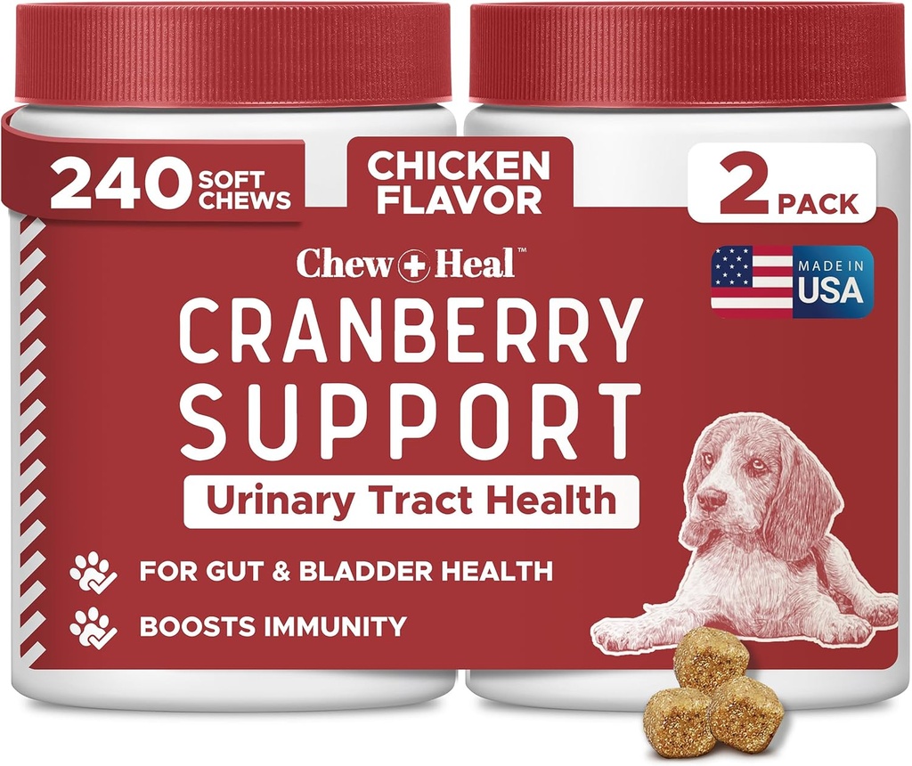 כלב UTI Treatment Cranberry תוסף לכלבים, 240 צ'אדות רכות - תמיכה טבעית של דלקת שתן ושליטה במשקל בריא - מיוצר עם Echinacea ויטמין C (2 Packs של 120)