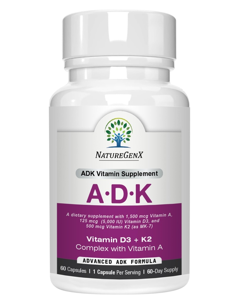 ויטמין ADK תוסף 5000 IU - ויטמינים עתירי גבוה A, D3, ו-K2 לבריאות העצם ו- Calcium Absorption | Gluten-Free ויטמין ADK, 60 יום אספקה, 60 קפסולות