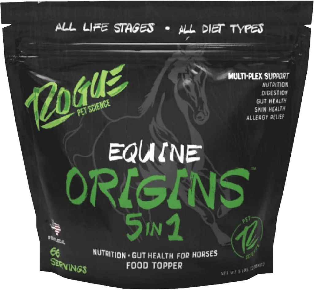 ROGUE PET SCIENCE Origins 5in-1 Horse Supplement - Pelleted Equine Food Topper w/Natural אומגה 3 שמן דגים - תומך ב- Gut Health, Ulcer Relief & Joints-Helps-Helps Allergies, Skin and Coat Health (5 lbs)