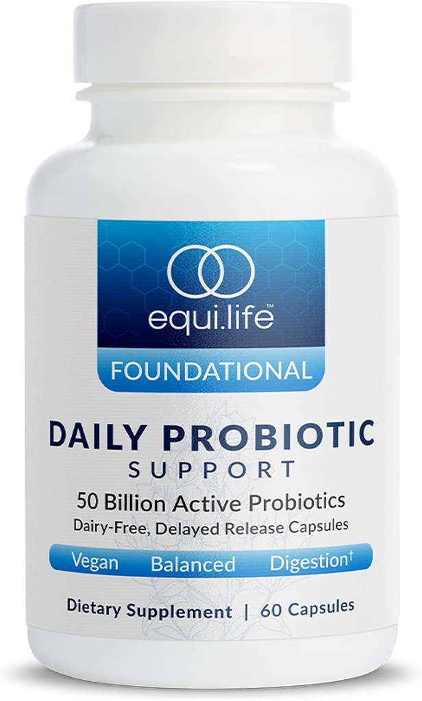 EquiLife Daily Probiotic Support, 50 מיליארד CFU, 8 Probiotic Strains, Digestive ו- Gut Health Supplement for Men and Women, Gluten Free, Soy and Milk Free, Non GMO, American Made, 60 קפסולות