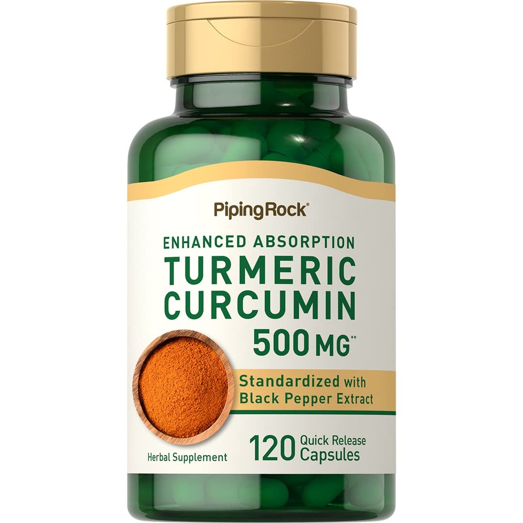 Piping Rock Turmeric Curcumin עם Black Pepper 500 מ"ג | 120 קפסולות | תקן Herbal Supplement | Non-GMO, Gluten Free Freeten