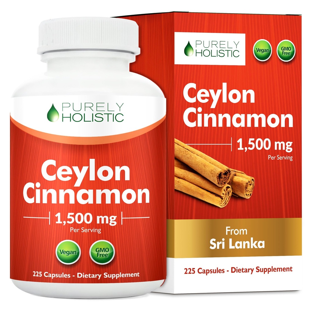Purely Holistic Ceylon Cinnamon קפסולות 1500 מ"ג, 225 קפסולות קינמון טבעוניות, 75 יום אספקה (25% יותר משרתים), True סרי לנקה Ceylon Cinnamon תוסף