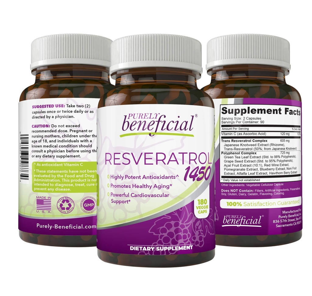 יעיל מאוד RESVERATROL1450-90 יום אספקה, 1450 מ"ג על משרתם של נוגדי חמצון ו Trans-Resveratrol, מקדם תמיכה אנטי-דלקתית, תמיכה קרדיווסקולרית, יתרונות מקסימליים (1bottle)