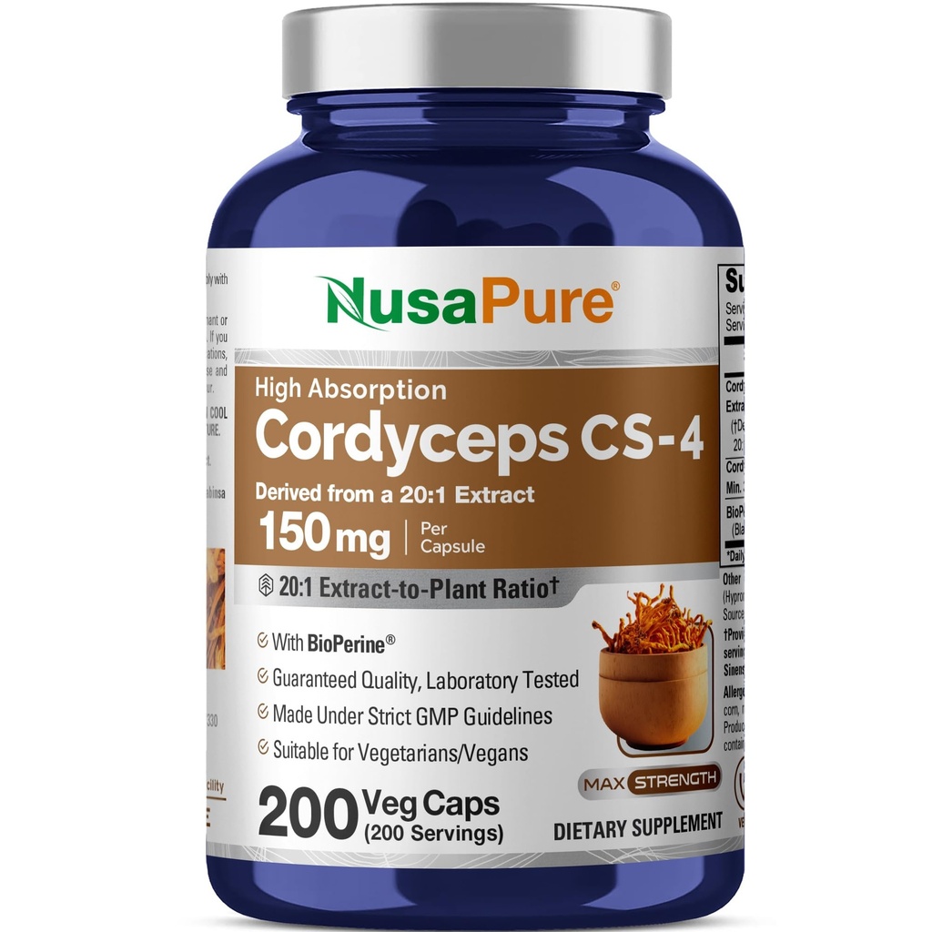 NusaPure Cordyceps 20:1 לחלץ, 150 מ"ג שווה ל 3,000 מ"ג 200 קפסולות Veggie (Sinsis CS-4, Non-GMO, טבעוני) Bioperine