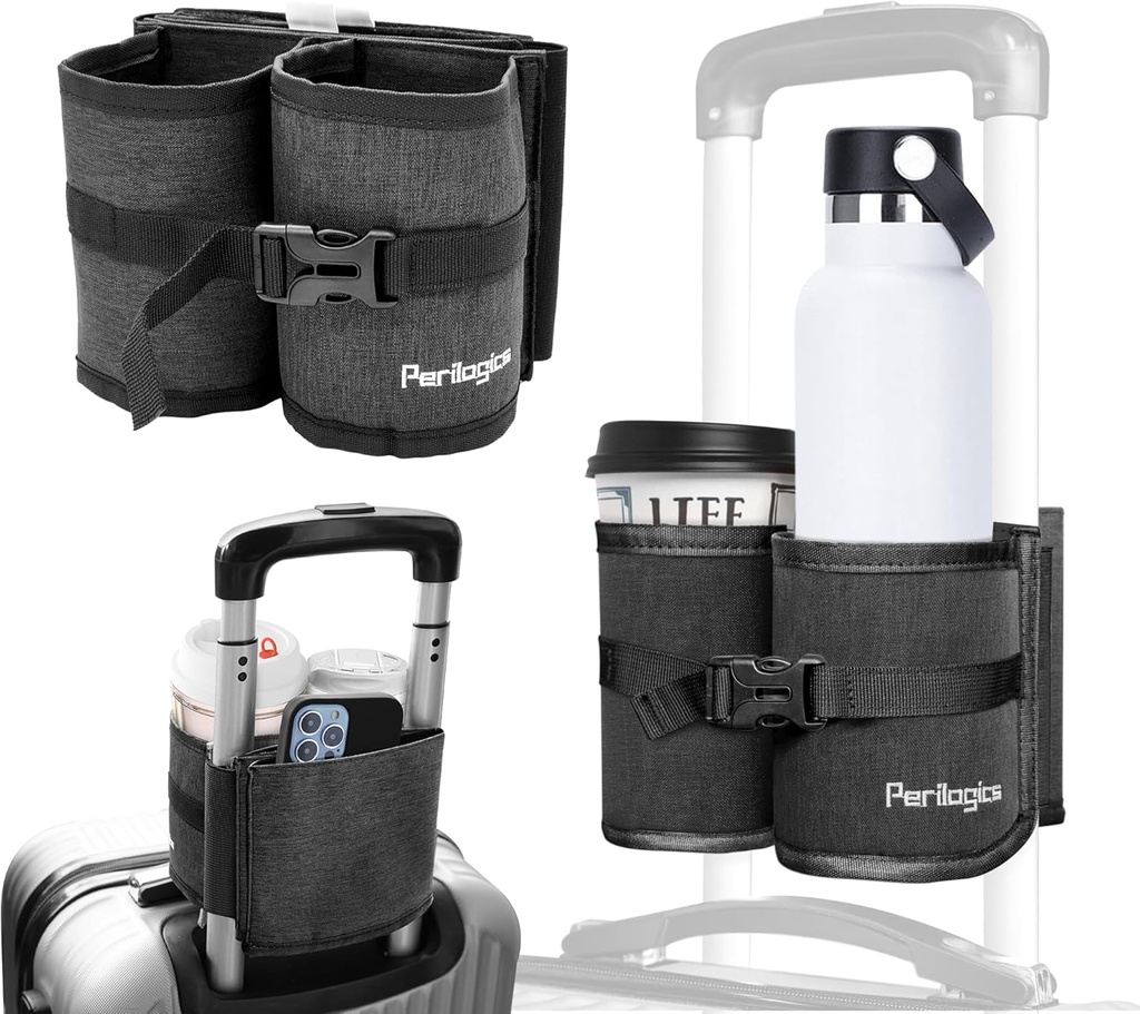 פרילוגיs Luggage Travel Cup Holder Hands Free drink Caddy for Suitcase Handle. מתנה מושלמת לטיסה חיונית עבור נוסעים Frequent, טיסה נוכחות או עם ילדים (Dark Gray)